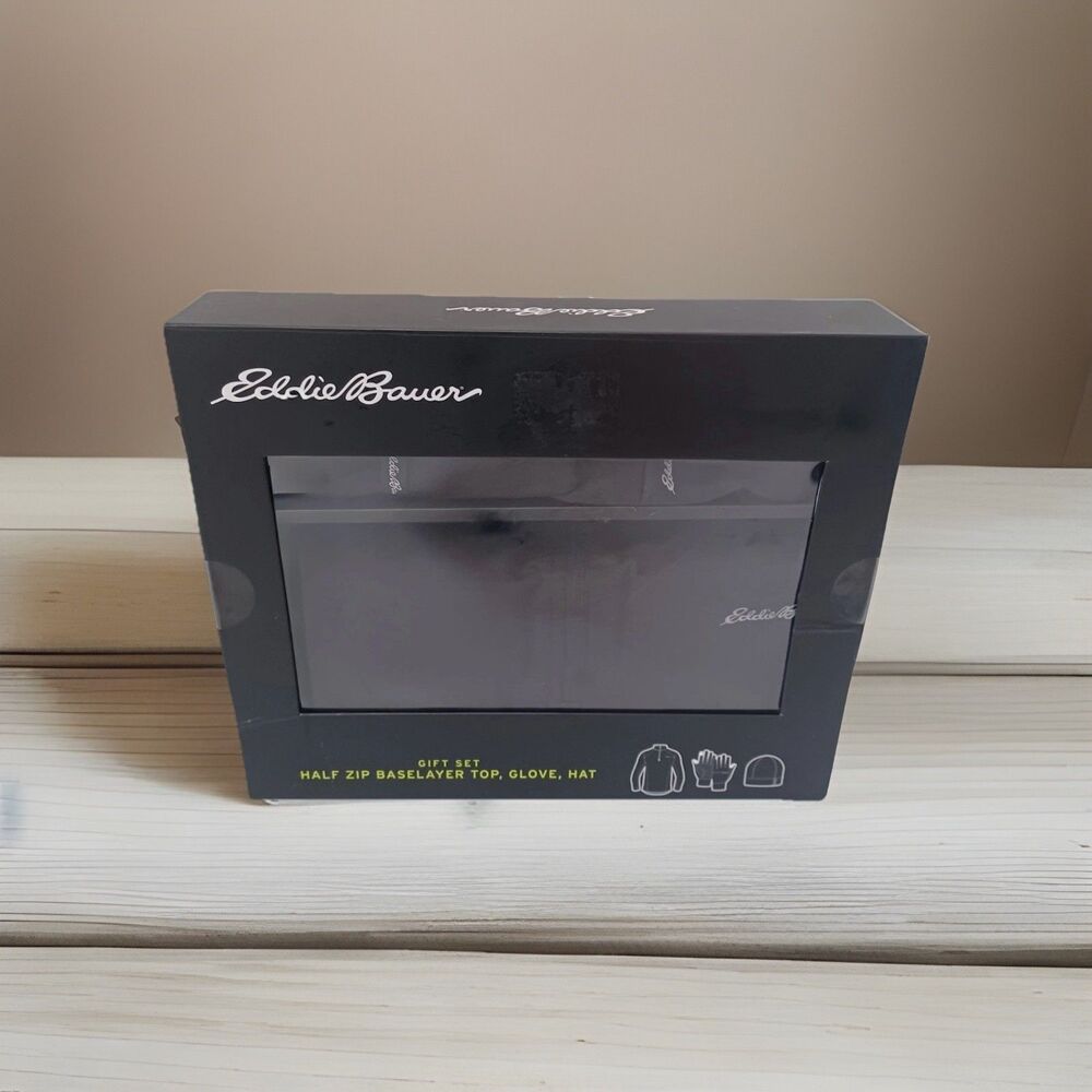 Eddie Bauer Shirt Gloves Hat Gift Set Black Baselayer Top Zip Mens Size L NEW